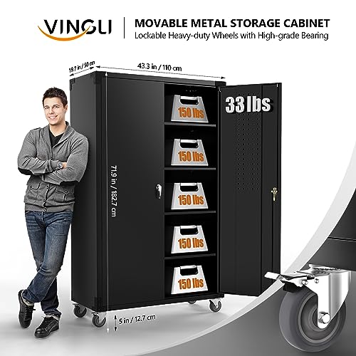 VINGLI Upgraded Wide & Deep Garage Storage Cabinet, Metal Storage Cabinet with Pegboards, Wheels, Locking Doors and Adjustable Shelves (Black, 43''W x 20''D x 72''H)