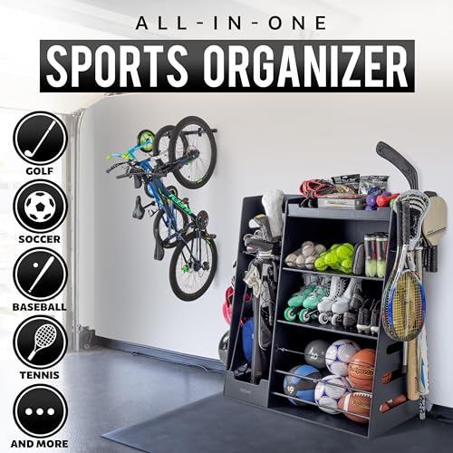 GoSports Premium Wooden Sports Equipment Organizer with Storage Hooks - Golf Bag Rack and Multi-Sport Ball Bin for Garage