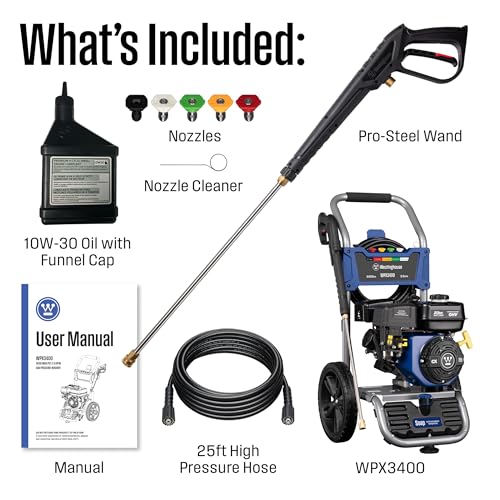 Westinghouse WPX3400 Gas Pressure Washer, 3400 PSI and 2.6 GPM, Onboard Soap Tank, Spray Gun and Wand, 5 Nozzle Set, for Cars/Fences/Driveways/Homes/Patios/Furniture