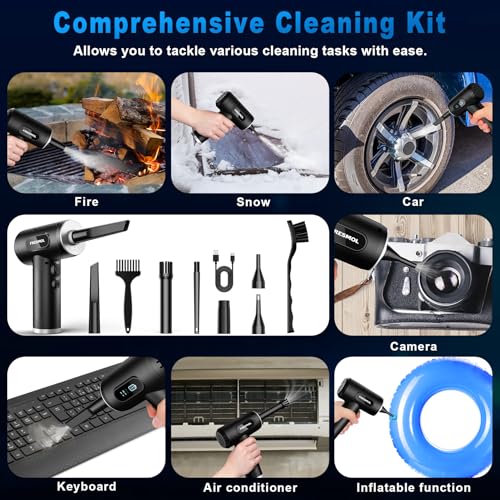 Compressed Air Duster-3 Gear Adjustable 100000RPM Electric Air Duster with LED Light, Rechargeable Cordless Air Blower for Keyboard Electric Devices Cleaning. Replaces Compressed Air Cans (Black)