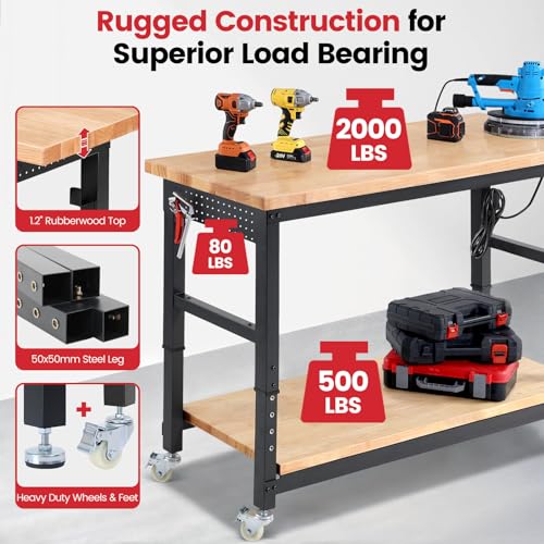 ENJOYWOOD Work Bench for Garage Adjustable Workbenches with Storage 60 Inch Garage Workbench with Under Table Shelf, Pegboard, Power Outlets for Woodworking, Home, Office, Workshop