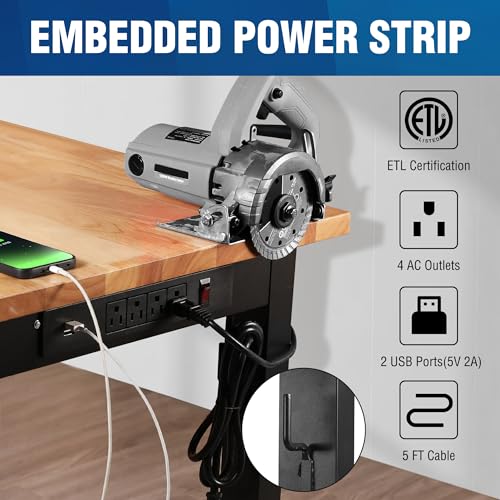 WORKPRO Adjustable Garage Workbench, 48"x22" Rubber Wood Top Heavy-Duty Work Desk with Power Outlets, Leveling Foot, 5 Heights, 1500 LBS Load Capacity Work Benches for Garage, Workshop