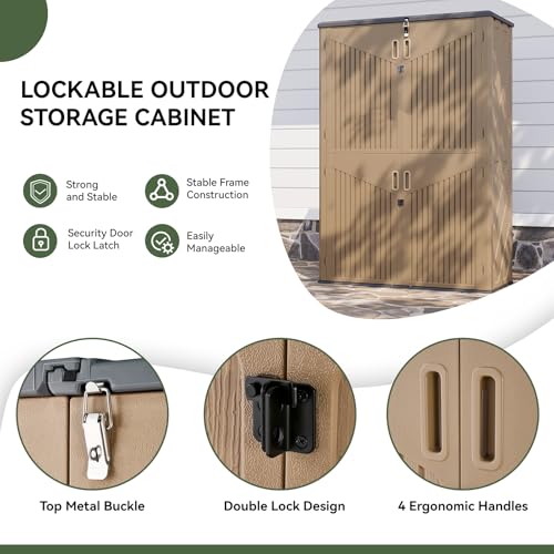 Aoxun 64 Cu.Ft Resin Outdoor Storage Shed with Floor, Large Outdoor Storage Cabinet, Vertical Storage Sheds with Floor, Waterproof Storage Cabinet for Garage Shed, Garden Tools, Pool Equipment, Brown