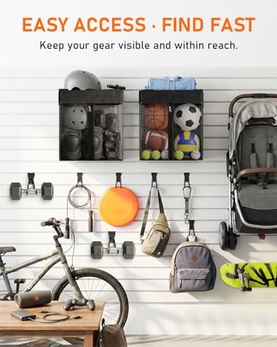 ZORUNNA 2PCS Slatwall Basket with Zipper, 6 PCS Heavy Duty Hooks, 16x15x11 Inch Slatwall Accessories, Easy to Install Garage Storage Mesh Basket for Shop Gym Toy Display Storage.