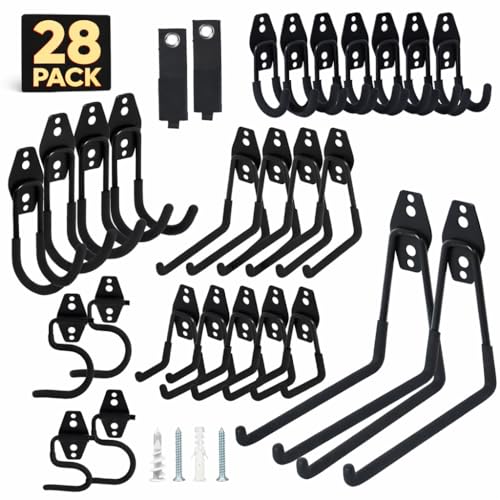 28 Pack Steel Heavy Duty Garage Hooks Storage Hooks with Anti-Slip Coating, Utility Garage Wall Mount Hanger and Organizer for Bikes, Ladder, Rope, Broom, Shovel and Garden Power Tools (28, Black)