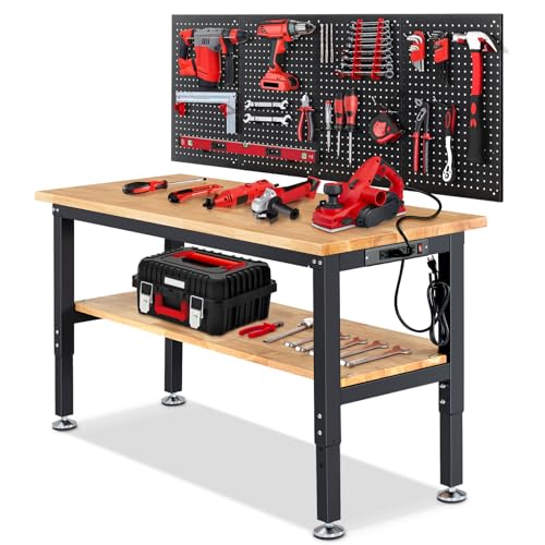 ENJOYWOOD 60" x 22" Adjustable Height Workbench with Under Table Shelf Heavy Duty Rubberwood Top Work Table for Garage, Workshop, Office & Home