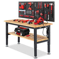 ENJOYWOOD 60" x 22" Adjustable Height Workbench with Under Table Shelf Heavy Duty Rubberwood Top Work Table for Garage, Workshop, Office & Home
