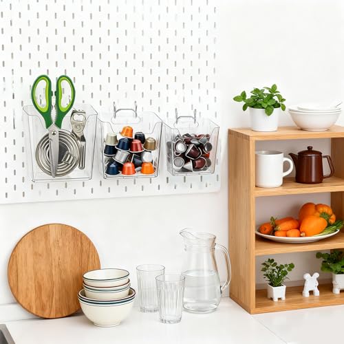 Coloch 6 Pack Clear Pegboard Cups with Hooks, Plastic Peg Board Bins Pegboard Organizer Accessories Wide Mouth Storage Box for Garage, Workbench, Craft Room, Office Organization, 3 Sizes