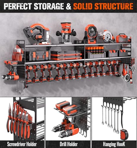 Shomextol 2-Pack Large Power Tool Organizer Wall Mount,Heavy Duty Cordless Tool Organizer with 18 Drill Holder,600 Lbs Capacity 3-Layer Garage Organization for Garage and Workshop (Black)