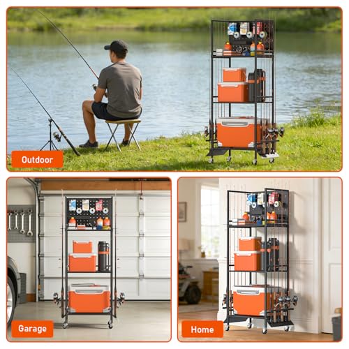 GloCryp 12-Rod Fishing Pole Holders for Garage, 3-Shelf Fishing Rod Holder with Pegboard and Trays, 360° Rotatable, Rolling Fishing Storage Cart with Wheels for Tackle Box & Fishing Gear Organization