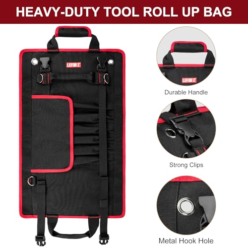 Tool Bag,Large Roll Up Tool Bag Organizer,13 Pockets Tool Roll Storage Pouch,Heavy Duty Portable Tool Storage Carrier Bag for Men,Mechanic,Electrician,Valentines Day Gifts for Men,Black/Red