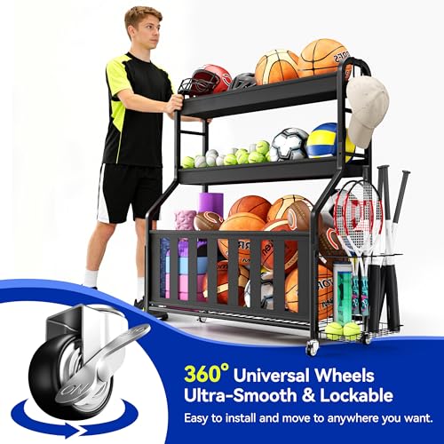 Keepmisc Sports Equipment Organizer, Large Capacity Garage Ball Storage Rack with Wheels, Heavy-Duty Rolling Ball Cart for Basketball, Soccer & Sports Gear