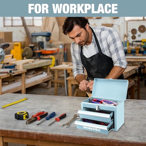 WORKPRO Portable Mini Tool Box, 2 Drawers Metal Tool Chest with Ball Bearing Slides, Top Storage with Latch, Ergonomic Carrying Handle, Mechanic Toolbox with PVC Liners and PP Feet Pads