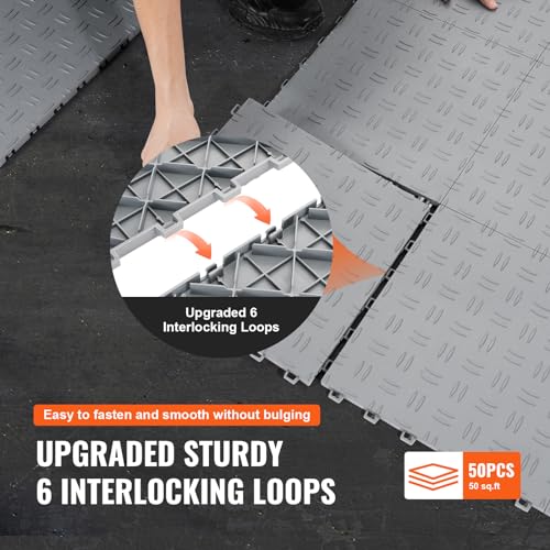 VEVOR Garage Floor Tiles 12 x 12 x 0.53 inch, Interlocking Design Ease of Installation Double-Sided Texture Non-Slip Sturdiness, for Garages, Basements, Repair Shops, Silver, 50 Pack