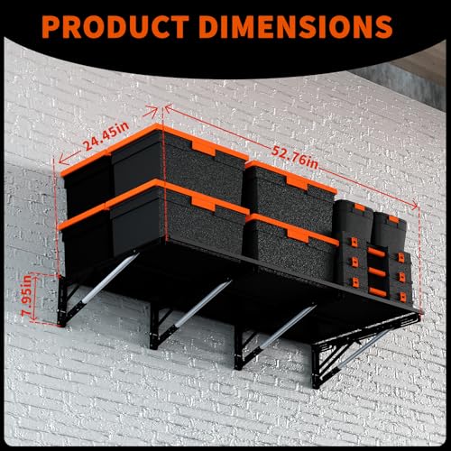 Lamorland Heavy Duty Foldable Garage Storage Shelves Wall Mounted Metal Rack Unit Organizer with Removable Edge Barriers, Adjustable System for Corner Wall Use, 52.76 Inch Long 24.45 Inch Large
