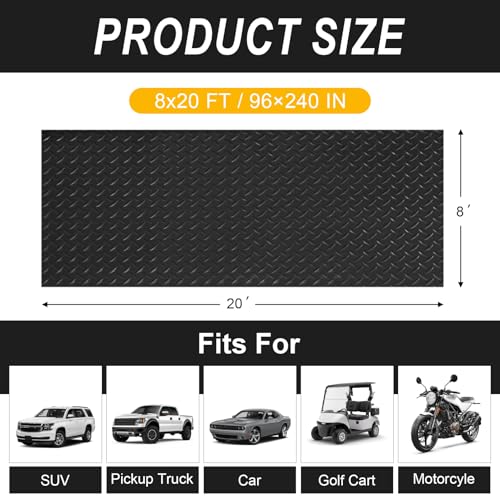 Grandroad auto 8x20 FT Garage Floor Mat, 2.8mm Thickened Flooring Roll for Under Car Diamond Plate PVC Rubber Mat with 20 Pcs Tapes, Non-Slip Floor Mat for Garage, Warehouse, Gyms, Trailer, Black