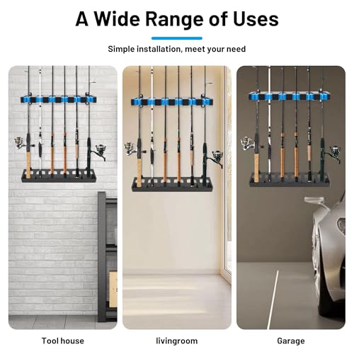 Omoojee Fishing Rod Holder Wall Mount, Fishing Pole Holders for Garage, 6-Rod Storage Racks, Fits Most Rod Diameters(Vertical Blue)