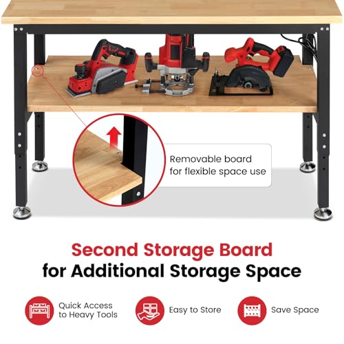 ENJOYWOOD 60" x 22" Adjustable Height Workbench with Under Table Shelf Heavy Duty Rubberwood Top Work Table for Garage, Workshop, Office & Home