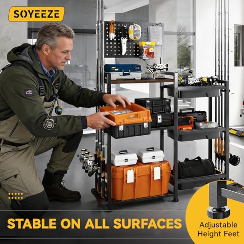 SOYEEZE Fishing Rod Holders for Garage, 3 Storage Boxes for Reels & Fishing Accessories, 10 Rod Capacity Fishing Pole Holder with Pegboard, and 3-Tier Shelf for Tackle Box, Fishing Gear Organizer