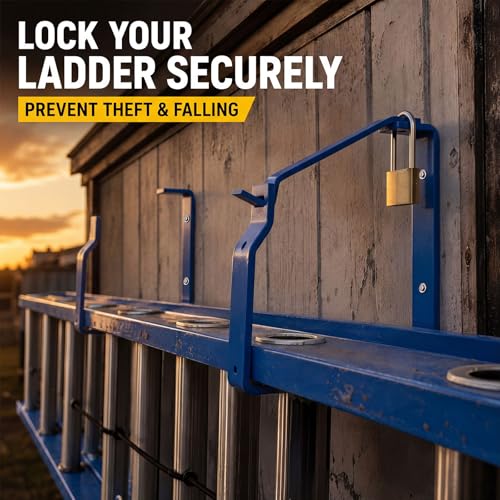 Otoolling 2 Pack Lockable Wall Ladder Rack Ladder Brackets Heavy Duty Wall Mount Storage Brackets with Securing Lock Garage Storage Hooks for Garage Workshop Organizer