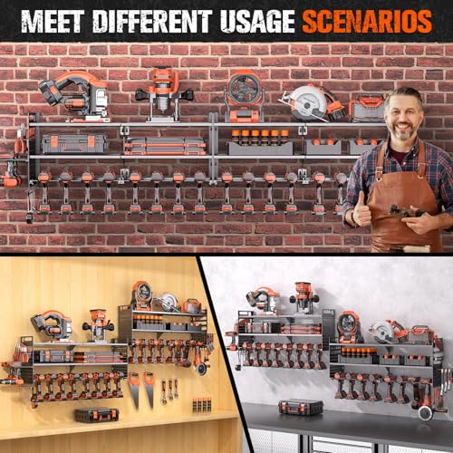 Shomextol 2-Pack Large Power Tool Organizer Wall Mount,Heavy Duty Cordless Tool Organizer with 18 Drill Holder,600 Lbs Capacity 3-Layer Garage Organization for Garage and Workshop (Black)