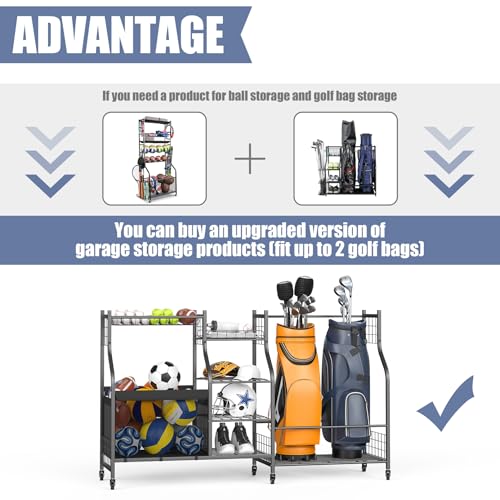 WALMANN Golf Bag Storage Rack with Wheels, Rolling Sports Equipment Organizer, Large Capacity Garage Storage Cart for Balls, Golf Bags