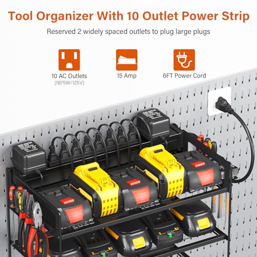 JUNNUJ Power Tool Organizer with 10 Outlet Power Strip, 4 Layer Wall Mount Drill Holder with Charging Station, 4 Drills Storage Shelf Shop Garage Utility Rack, Black