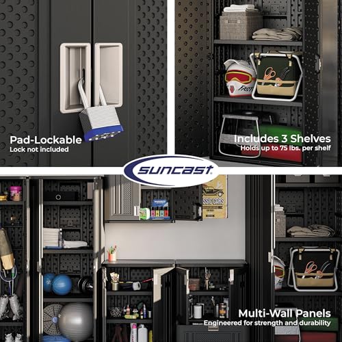 Suncast Mega Tall Storage Cabinet for Garage Organization - 31 Cu. Ft. Lockable Utility Closet with 3 Adjustable Shelves for Garden Supplies & Outdoor Tools, Multi-Wall Resin Construction, Black