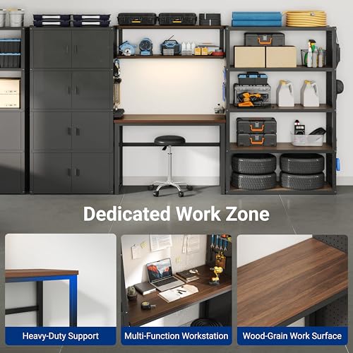 FLEXIMOUNTS Garage Storage Cabinet System, 3-in-1 Modular Metal Tool Cabinet w/ Workbench and Metal Board Shelf Includes Pegboard, 24-Gauge Steel, 117"(L) w/ 6 Doors, Black, FLEXIMOD Series