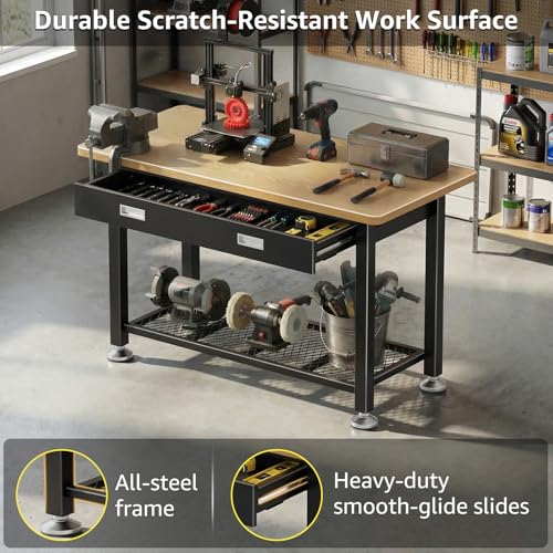 IGERI 39" Heavy Duty Work Bench With Drawer and Storage for Garage, Small Wood Top and Metal Workbench for Crafts 3d Printer Work Table Tool Chest Workbenches Crafting Table Working Station Shop Bench