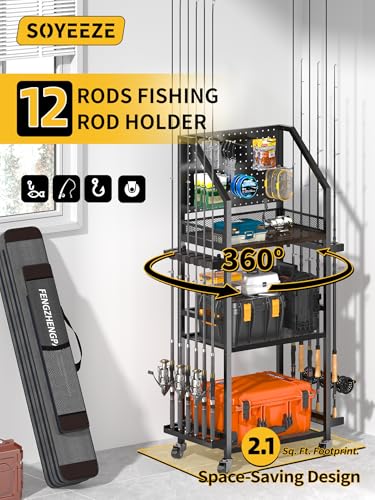 SOYEEZE Fishing Rod Holders for Garage, Fishing Pole Holders Up to 12 Rods with Pegboard and Hooks,Rolling Fishing Cart with Wheels, Fishing Gear Storage For Tackle Box & Reel Organization