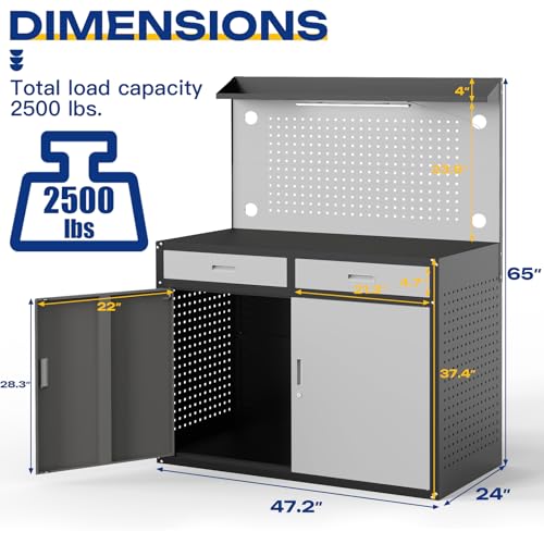 Eltean 48" Work Bench,Heavy Duty 2500 LBS Capacity Workbench with Drawers and Storage,Work Table with Light & Pegboard,Work Benches for Garage