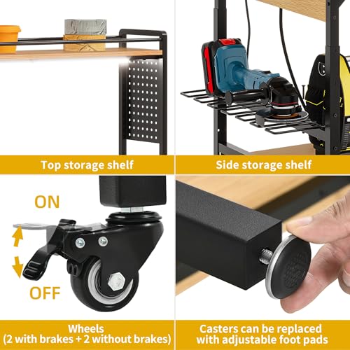 DWVO 59in Large Adjustable Height Workbench with Pegboard & LED Light, 1100lbs Load Heavy Duty Work Bench on Wheels. 59"x31" Work Table for Garage, Workshop, with AC/USB Outlet, Storage Shelf, Hooks