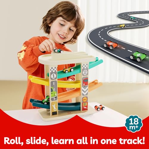 TOP BRIGHT Toddler Toys for 2 Year Old Boy, Wooden Car Ramp Race Track Set, Car Toys for Toddlers 1-3 with Cars and a Garage, Montessori Toys for 12 Year Old Boy Girl,Birthday Gift for Age 18+ Month
