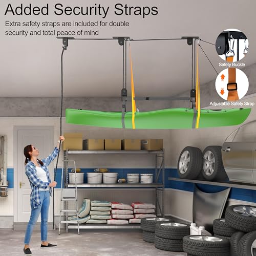 TRUSOON Upgrade Kayak Hoist for Garage Ceiling, Heavy-Duty Kayak Storage Lift Pulley System with Safety Straps, Holds Up to 150 lbs Capacity, Fit 10-18 Foot Ceilings, Black
