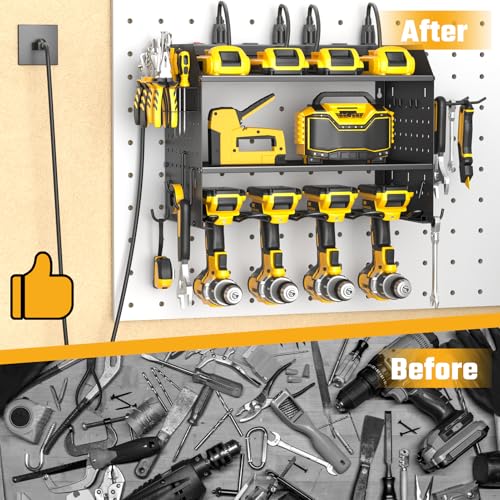 ZESEN Power Tool Organizer Wall Mount, 3 Layer Charging Station with 6 Outlets, 4 Drill Holders and Drill Bit Rack, Tool Holder Storage Shelf Rack for Garage, Workbench and Workshop, Black