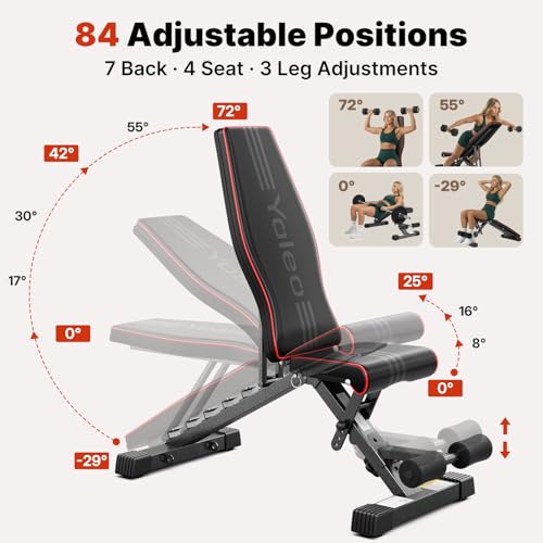 YOLEO Adjustable Weight Bench for Home Gym, ASTM-Certified 827LBS, 98% Pre-Assembled, Foldable Gym Bench with 84 Positions Incline Decline Flat, Wider Seat