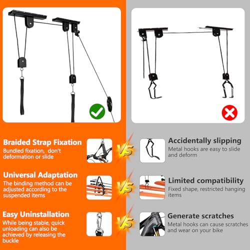 NYFITY Bike Hoist,Ceiling Mount Bike Hanger,Heavy Duty Bike Hangers for Garage,Bike Pulley System for Garage,Holds Up to 100 lbs,Ceiling Bike Hanger for Ebike,Road Bike,Fat Tire,Snowboard(2 Pack)