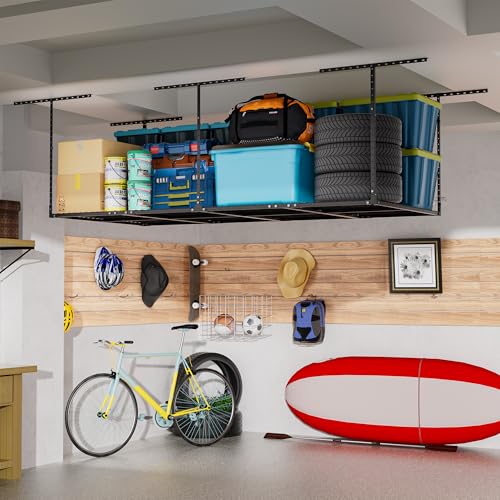 Soywey 4 x 8 FT Overhead Garage Storage Rack, Adjustable Ceiling Storage Racks, Garage Shelving Heavy-duty Storage Organizer System, Load 700LBS Weight(Black)