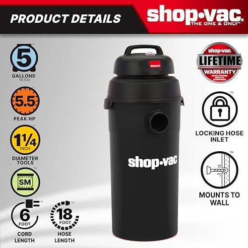 Shop-Vac 9522205 5 Gallon 5.5 Peak HP Hangup Wet/Dry Vacuum, 1.25 Inch Diameter x 18 Foot Hose, 6 Foot Cord, Wall Mount Included, Ideal for Garage, Workshop & Home