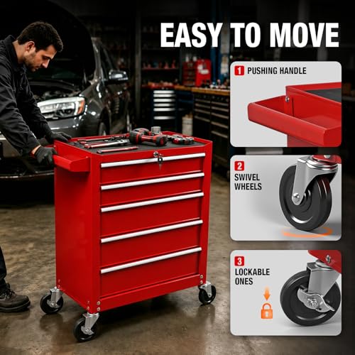 YELLOW JACKET Rolling Tool Chest 5 Drawers, Portable Tool Storage Cabinet with Wheels, Tool Cabinet Organizer with Locking System & Drawer Liners, Tool Storage Cart for Garage, Workshop, Red