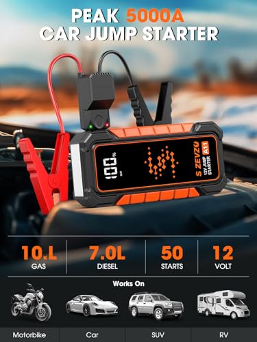 S ZEVZO A11 Jump Starter, Upgraded 5000A Car Battery Jumper Starter Portable (10.0L Gas & 7.0L Diesel Engines) with Booster 12V Lithium Jump Box with USB Charger, LCD Display, Flashlight, and Case
