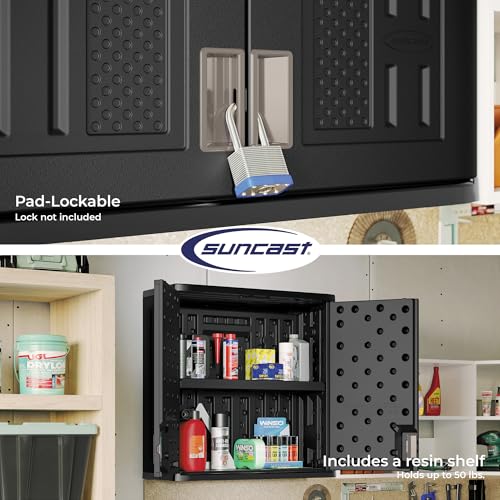Suncast Wall Storage Cabinet for Garage Organization - 4 Cu. Ft. Wall Mounted Garage Cabinet with Shelf for Garden Supplies, Paint Cans & Outdoor Tools, Multi-Wall Resin Construction, Black