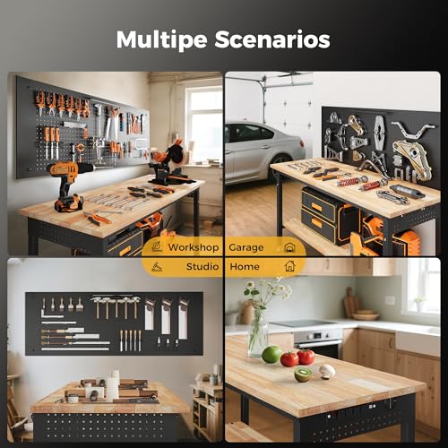 CAMMOO 60" Work Bench Adjustable Height with Storage Shelf, Max Load 2000 LBS Heavy Duty Rubberwood Tabletop with Pegboard, LED Light, Built-in Power Strip for Woodworking Shop, Garage, Home