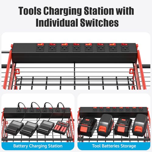 CCCEI Red Power Tool Organizer Wall Mount, Large Tools and Battery Storage Rack Charging Station Individual Switches. Drills Holder, Garage Utility Shelves with 6FT Power Strip. Gift for Men.