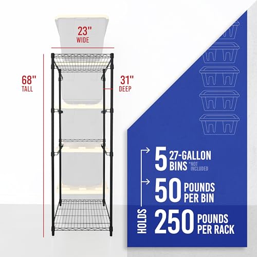 SafeRacks 5-Tier Steel Tote Rack - Maximize Space, Declutter, Organization, NSF Certified, Bin Storage for Garage, Pantry, Kitchen, Workspace, 5 Shelves, 31″ x 23″ x 68″, Black