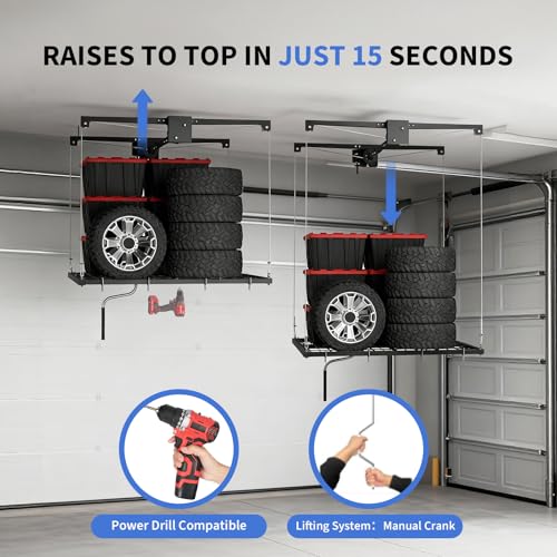 Overhead Garage Lifting Storage Rack, Maximize Your Garage Storage with Our 4x4 Ft Heavy-Duty Ceiling Storage Rack System, Supports 350 lbs, Adjustable & Easy to Install (Black 4x4 ft)