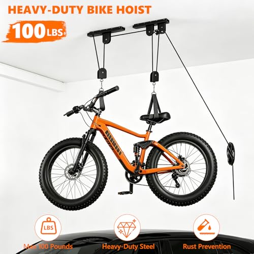 NYFITY Bike Hoist,Ceiling Mount Bike Hanger,Heavy Duty Bike Hangers for Garage,Bike Pulley System for Garage,Holds Up to 100 lbs,Ceiling Bike Hanger for Ebike,Road Bike,Fat Tire,Snowboard(2 Pack)