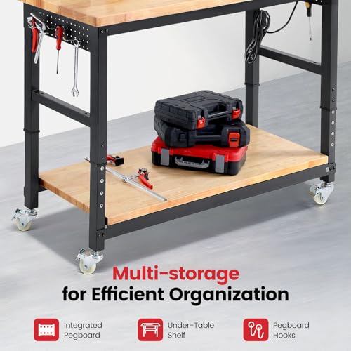 ENJOYWOOD Work Bench for Garage Adjustable Workbenches with Storage 60 Inch Garage Workbench with Under Table Shelf, Pegboard, Power Outlets for Woodworking, Home, Office, Workshop
