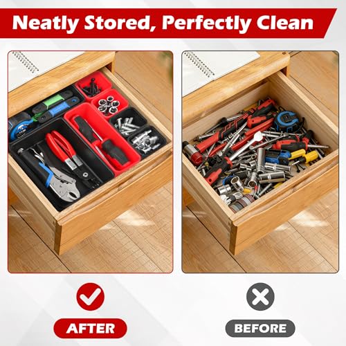 TOOLEAGUE 46Pcs & 5 Sizes Tool Box Organizer Tray Set with 15Lb Magnetic Pickup Pen,Drawer Organizer Bin, Garage Organization and Storage Workshop Rolling Tool Chest WorkBench Small Part(Black, Red)